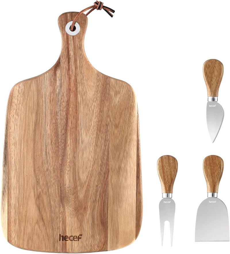 hecef Upgrade Bigger Cheese Board set of 4, a Acacia Wood Cheese Plate and 4 Pcs Knives, Charcuterie Platter Serving Tray for Appetizers - Image 1