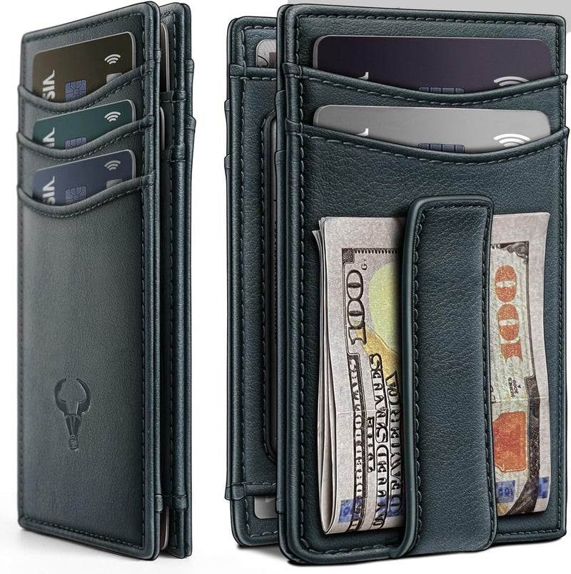 Contacts RFID Blocking Magnetic Closure Slim Genuine Leather Front Pocket Wallet for Men Holds up to 12 Cards Including 1 ID Window with Money Clip (Blue) - Image 1