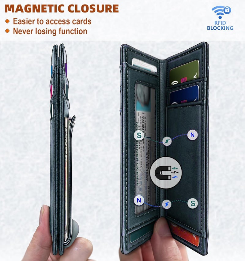 Contacts RFID Blocking Magnetic Closure Slim Genuine Leather Front Pocket Wallet for Men Holds up to 12 Cards Including 1 ID Window with Money Clip (Blue) - Image 4