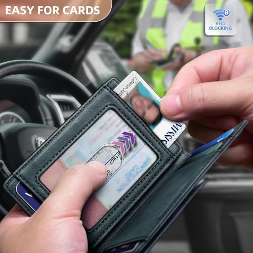Contacts RFID Blocking Magnetic Closure Slim Genuine Leather Front Pocket Wallet for Men Holds up to 12 Cards Including 1 ID Window with Money Clip (Blue) - Image 3