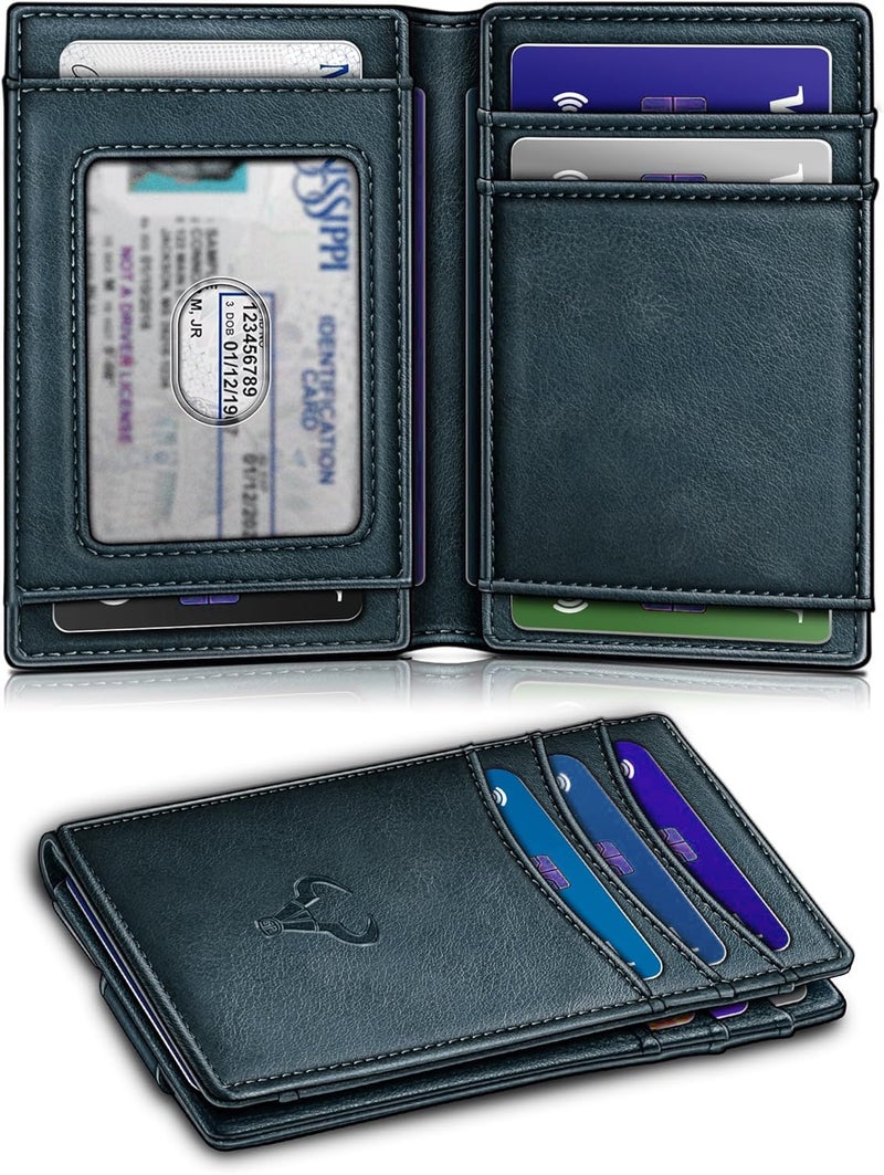 Contacts RFID Blocking Magnetic Closure Slim Genuine Leather Front Pocket Wallet for Men Holds up to 12 Cards Including 1 ID Window with Money Clip (Blue) - Image 2