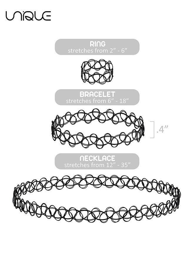 Unique 3 Pack Tattoo Necklace Set - Necklace Bracelet Ring - Stretchy Elastic Necklace - Unclasped Necklace - 90s Necklace 2000s Y2K Black Choker Fashion Vintage Jewelry - Classic Fashion Trend - Image 2