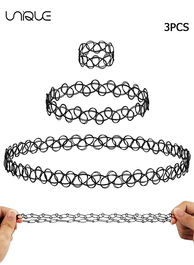 Unique 3 Pack Tattoo Necklace Set - Necklace Bracelet Ring - Stretchy Elastic Necklace - Unclasped Necklace - 90s Necklace 2000s Y2K Black Choker Fashion Vintage Jewelry - Classic Fashion Trend - Image 1