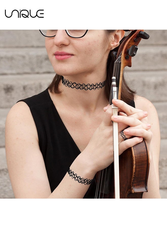 Unique 3 Pack Tattoo Necklace Set - Necklace Bracelet Ring - Stretchy Elastic Necklace - Unclasped Necklace - 90s Necklace 2000s Y2K Black Choker Fashion Vintage Jewelry - Classic Fashion Trend - Image 4