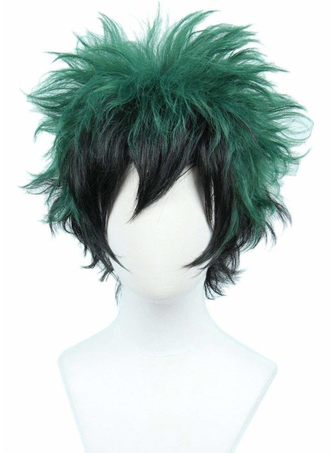 Linfairy Anime Cosplay Wig Short Black Green Halloween Costume Curly Wig - Image 1