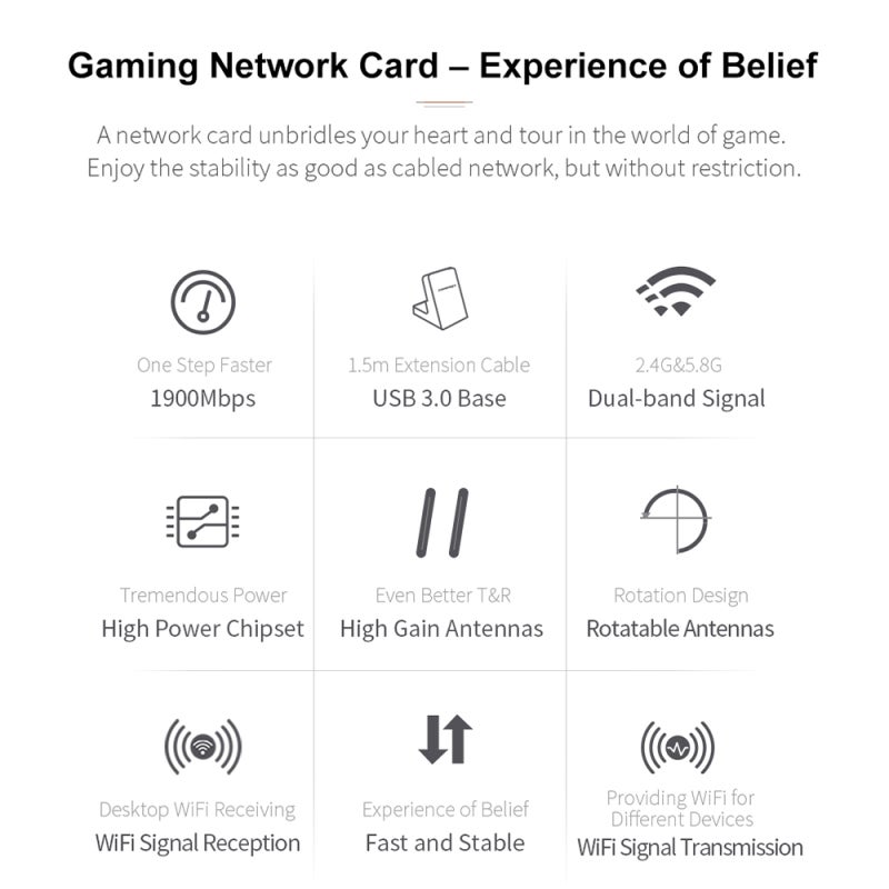 Dual Band USB 3.0 Wifi Adapter: Strong Signal With 4 PA Chips, Stable Connection With Dual Internal External Antennas - Fast Transmission, Wide Compatibility For Gaming Computers & Desktop PCs - Image 4