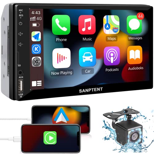 SANPTENT Double Din Car Stereo with 7 Inch Touchscreen, Radio Audio Receiver, Compatible with Wired Apple CarPlay & Android Auto, Mirror Link Support, Bluetooth Hands-Free, Backup Camera, FM/USB/TF/AUX, 12V - Image 1