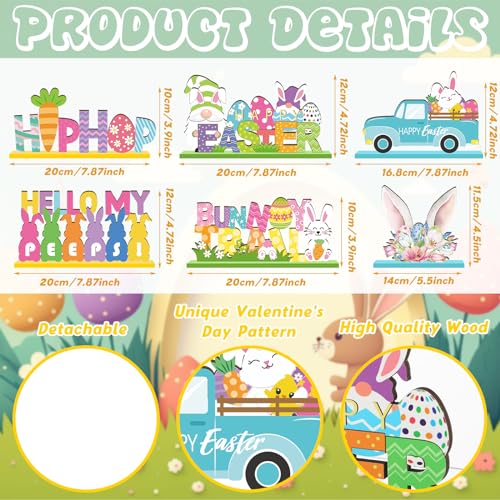 Anglechic 6 Pcs Easter Tabletop Decorations Easter Table Decor Tiered Tray Decorations Set Happy Bunny Egg Truck Wooden Signs Gnome Rustic Table Centerpiece for Home Spring Party - Image 3