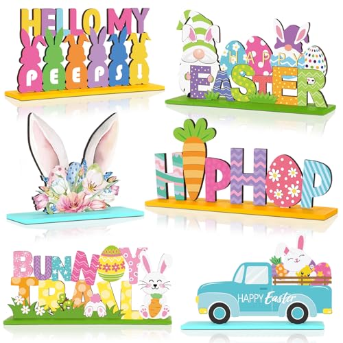 Anglechic 6 Pcs Easter Tabletop Decorations Easter Table Decor Tiered Tray Decorations Set Happy Bunny Egg Truck Wooden Signs Gnome Rustic Table Centerpiece for Home Spring Party - Image 1
