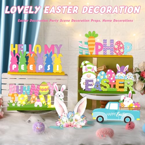 Anglechic 6 Pcs Easter Tabletop Decorations Easter Table Decor Tiered Tray Decorations Set Happy Bunny Egg Truck Wooden Signs Gnome Rustic Table Centerpiece for Home Spring Party - Image 2