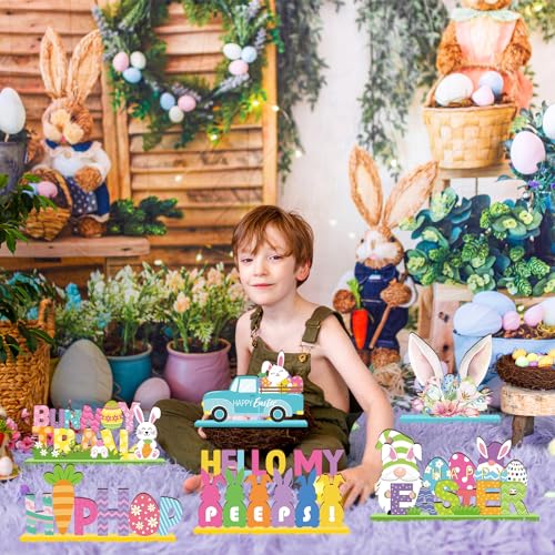 Anglechic 6 Pcs Easter Tabletop Decorations Easter Table Decor Tiered Tray Decorations Set Happy Bunny Egg Truck Wooden Signs Gnome Rustic Table Centerpiece for Home Spring Party - Image 4