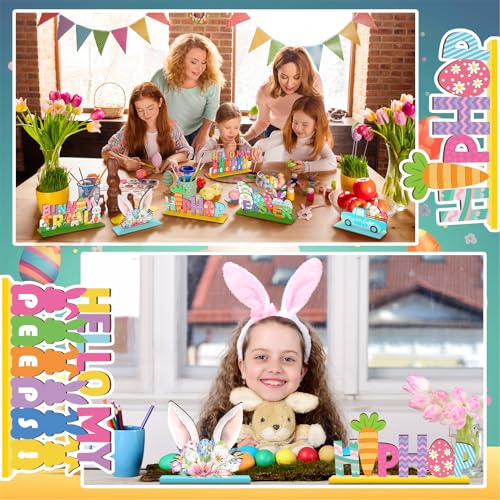 Anglechic 6 Pcs Easter Tabletop Decorations Easter Table Decor Tiered Tray Decorations Set Happy Bunny Egg Truck Wooden Signs Gnome Rustic Table Centerpiece for Home Spring Party - Image 5