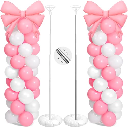 Charnoel 2 Sets Pink White Bow Balloon Column Stand Kit Includes 2 Bows 100 Latex Balloons Adjustable Stands for Princess Birthday Wedding Coquette Baby Shower Party Decoration - Image 1