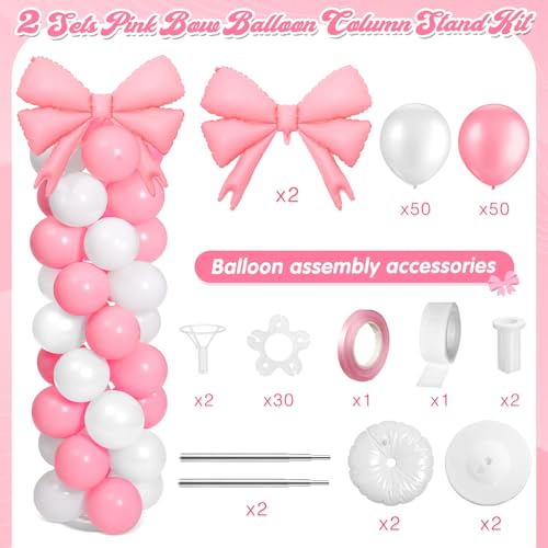 Charnoel 2 Sets Pink White Bow Balloon Column Stand Kit Includes 2 Bows 100 Latex Balloons Adjustable Stands for Princess Birthday Wedding Coquette Baby Shower Party Decoration - Image 5