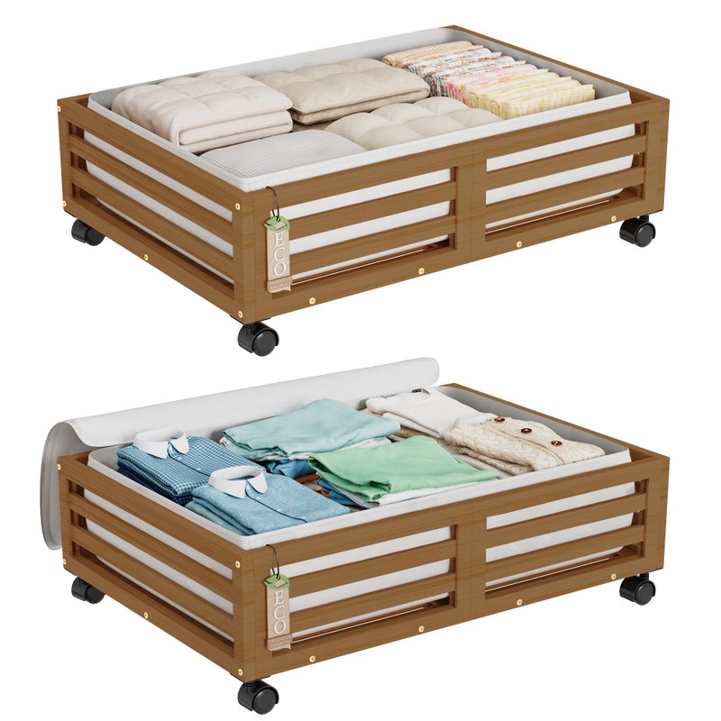 Wisuce Bamboo Under Bed Storage Containers- Underbed Organizer with Wheels with Large Dust Bag,Sturdy Wood Rolling Under the Bed Shoe Storage Organizer Drawer 2 Packs (Walnut, Small) - Image 1