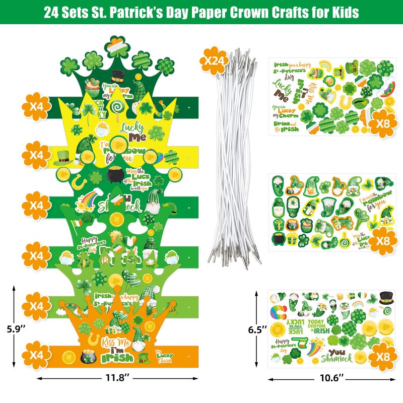 WorldBazaar St. Patrick's Day Crown Crafts Kits for Kids 24 Pack Green Shamrock Clover Paper Hat with Stickers Lucky Irish Classroom Family Party Supplies - Image 2