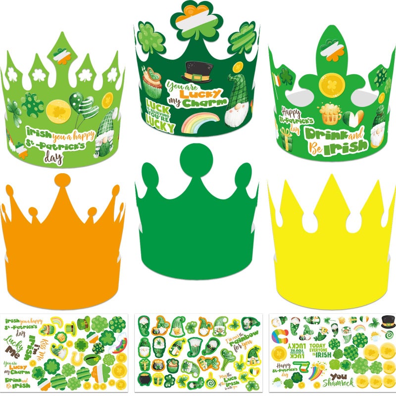 WorldBazaar St. Patrick's Day Crown Crafts Kits for Kids 24 Pack Green Shamrock Clover Paper Hat with Stickers Lucky Irish Classroom Family Party Supplies - Image 3