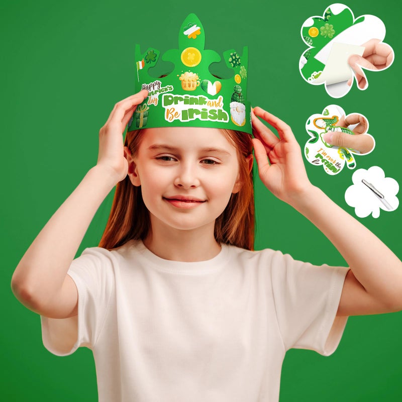WorldBazaar St. Patrick's Day Crown Crafts Kits for Kids 24 Pack Green Shamrock Clover Paper Hat with Stickers Lucky Irish Classroom Family Party Supplies - Image 4