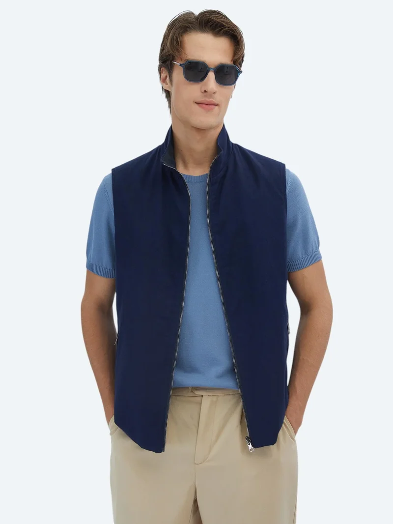 Kip Navy Blue Regular Fit Turtleneck Weaving Puffer Vest