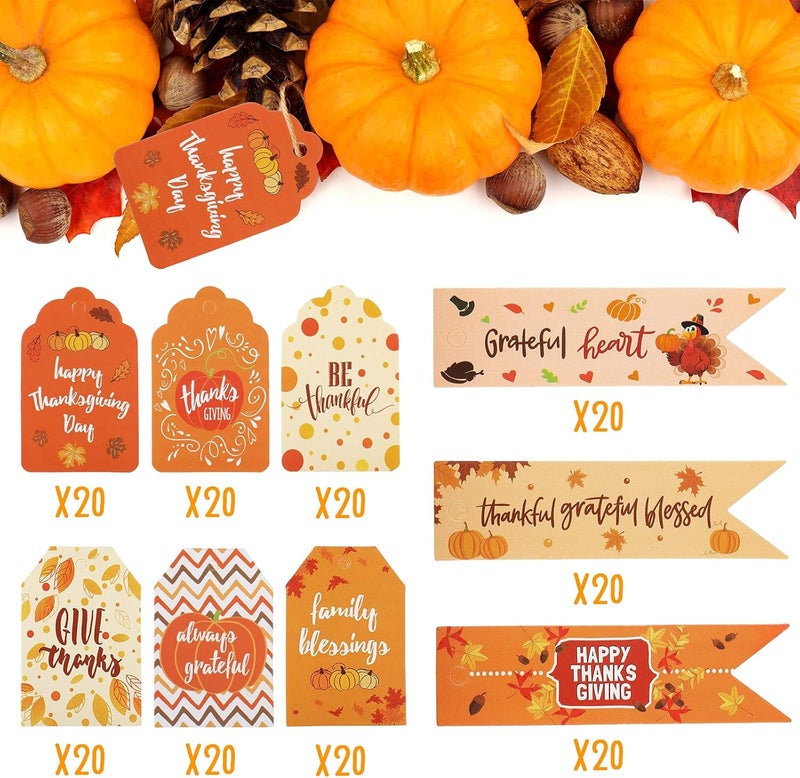 klarako 180 Pcs Thanksgiving Paper Tags, Thanks Gift Tags, Tags for Thanksgiving Day, Hanging Name Label with Twine for Gift Wrapping Fall Autumn Happy Thanksgiving DIY Crafts Decoration (Pumpkin) - Image 4