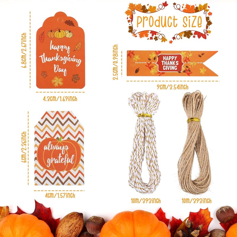 klarako 180 Pcs Thanksgiving Paper Tags, Thanks Gift Tags, Tags for Thanksgiving Day, Hanging Name Label with Twine for Gift Wrapping Fall Autumn Happy Thanksgiving DIY Crafts Decoration (Pumpkin) - Image 2