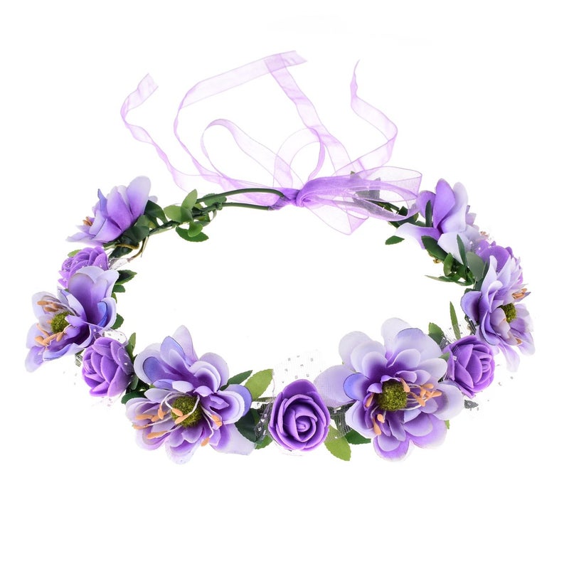 June Bloomy Rose Flower Leave Crown Bridal Halo Headband with Adjustable Ribbon Lavender