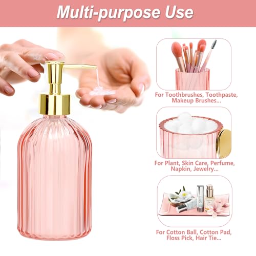 Jenseits Pink Bathroom Accessories Set, 4 Pcs Glass Bathroom Accessory Sets, Soap Dispenser, Toothbrush Holder, Qtip Holder, Vanity Tray, Housewarming Dorm Apartment Decor Home Essentials Gift For Her - Image 3