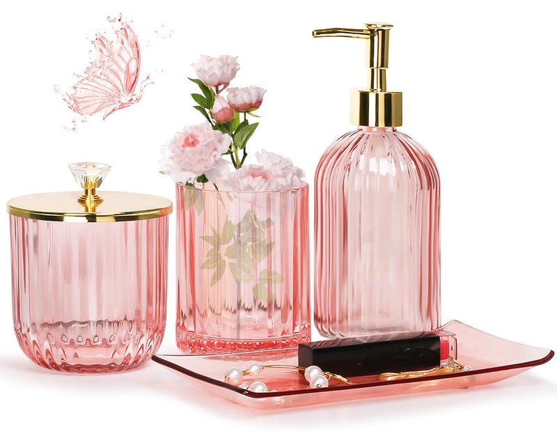 Jenseits Pink Bathroom Accessories Set, 4 Pcs Glass Bathroom Accessory Sets, Soap Dispenser, Toothbrush Holder, Qtip Holder, Vanity Tray, Housewarming Dorm Apartment Decor Home Essentials Gift For Her - Image 1