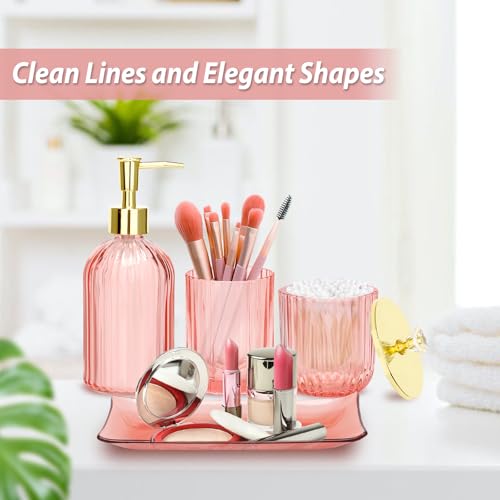 Jenseits Pink Bathroom Accessories Set, 4 Pcs Glass Bathroom Accessory Sets, Soap Dispenser, Toothbrush Holder, Qtip Holder, Vanity Tray, Housewarming Dorm Apartment Decor Home Essentials Gift For Her - Image 4