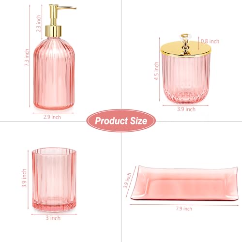 Jenseits Pink Bathroom Accessories Set, 4 Pcs Glass Bathroom Accessory Sets, Soap Dispenser, Toothbrush Holder, Qtip Holder, Vanity Tray, Housewarming Dorm Apartment Decor Home Essentials Gift For Her - Image 5