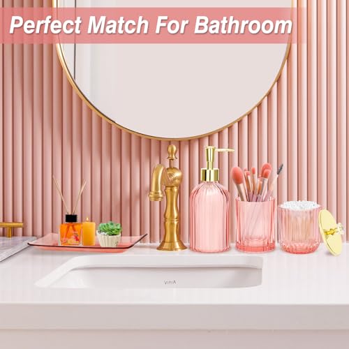 Jenseits Pink Bathroom Accessories Set, 4 Pcs Glass Bathroom Accessory Sets, Soap Dispenser, Toothbrush Holder, Qtip Holder, Vanity Tray, Housewarming Dorm Apartment Decor Home Essentials Gift For Her - Image 2