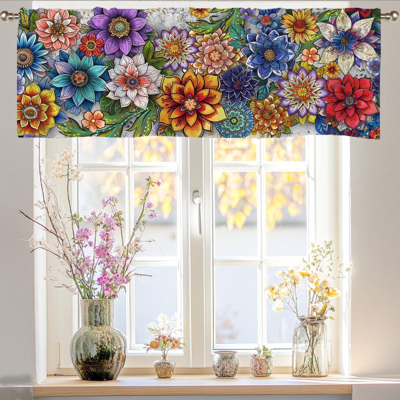 SIOQCKIS Boho Valances for Windows, Floral Valances for Windows, Boho Window Valance for Kitchen Floral Curtains Valance Bohemian Decor Flower Window Decor Living Room Bedroom Bathroom 51x18in - Image 1
