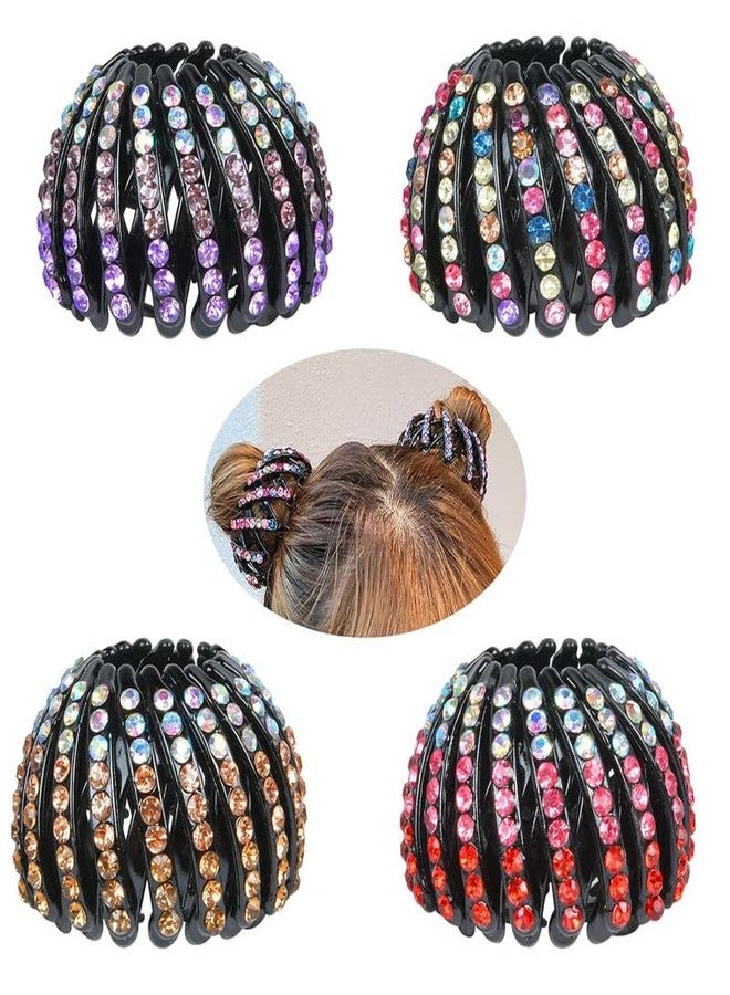 YANWENX 4 Pcs Rhinestone Hair Clips - Bird Nest Expandable Hair Bun Holder & Ponytail Wrap Accessories for Women, All-Day Hold, Elegant Sparkle Design - Image 1