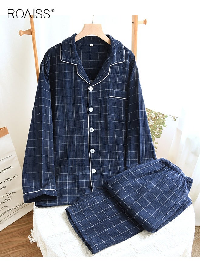 رويس مجموعة ملابس منزلية كبيرة الحجم للرجال من كارديجان مزدوج الطبقات من القطن بأكمام طويلة منقوش مع بنطلون فضفاض بأكمام طويلة للارتداء في صالة غير رسمية باللون الأزرق الداكن - Image 1
