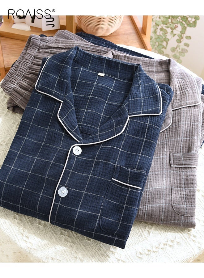 رويس مجموعة ملابس منزلية كبيرة الحجم للرجال من كارديجان مزدوج الطبقات من القطن بأكمام طويلة منقوش مع بنطلون فضفاض بأكمام طويلة للارتداء في صالة غير رسمية باللون الأزرق الداكن - Image 2