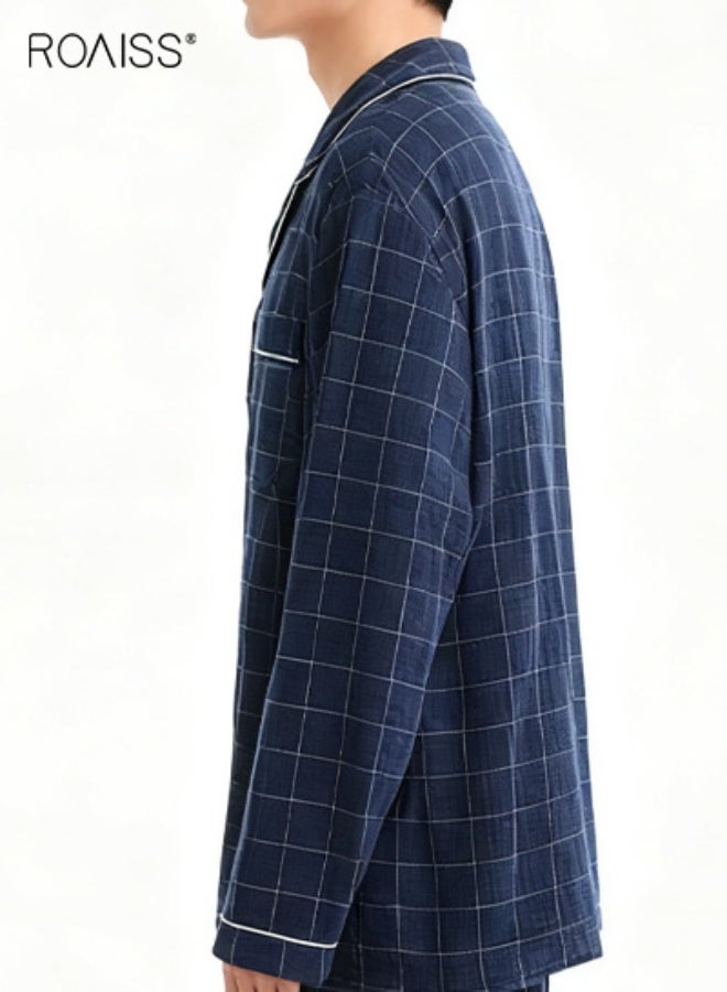 رويس مجموعة ملابس منزلية كبيرة الحجم للرجال من كارديجان مزدوج الطبقات من القطن بأكمام طويلة منقوش مع بنطلون فضفاض بأكمام طويلة للارتداء في صالة غير رسمية باللون الأزرق الداكن - Image 5