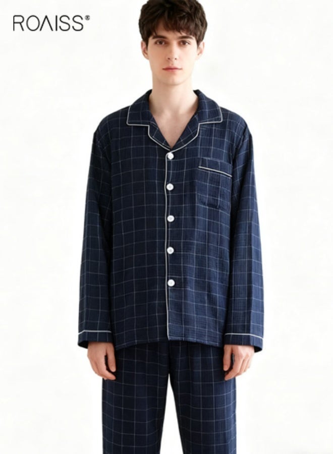 roaiss Men's Double Layer Cotton Plaid Long Sleeved Cardigan Large Size Home Clothing Set With Loose Fit Long Sleeved Trousers For Casual Lounge Wear Navy Blue