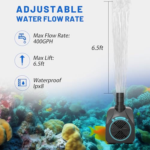 Knifel Submersible Water Pump, Ultra Quiet 400GPH(1500L/H,25W) Fountain Pump with Over Heating Protection 6.5ft High Lift, Pond Pump for Fish Tank, Pond, Aquarium, Statuary, Hydroponics - Image 2