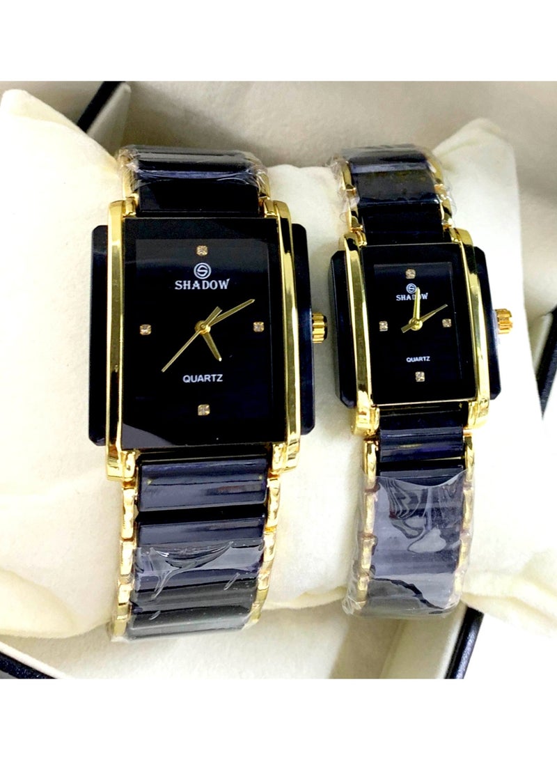 شادو ساعات زوجية شادو فاخرة - طقم أنيق بتصميم مستطيل ولون ثنائي - Image 1