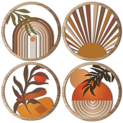 Qunclay 4 Pcs Boho Wall Art Bohemian Wooden Round Circle Wall Decor Hollow out Hanging Farmhouse Aesthetic for Bedroom Living Room Bathroom Bedroom Bathroom Patio Apartment Gift 10 InchStylish - Image 1