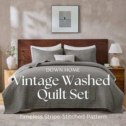DOWN HOME Queen Quilt Bedding Set with Shams, Vintage Washed Soft Quilted Blanket Thin Comforter Lightweight Bedspread Coverlet Bed Cover, Brushed Microfiber Stripe Stitching, Ash Gray, 86"x90" - Image 2