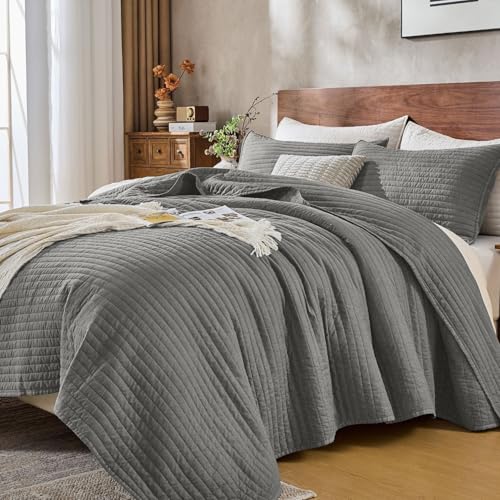 DOWN HOME Queen Quilt Bedding Set with Shams, Vintage Washed Soft Quilted Blanket Thin Comforter Lightweight Bedspread Coverlet Bed Cover, Brushed Microfiber Stripe Stitching, Ash Gray, 86"x90" - Image 1