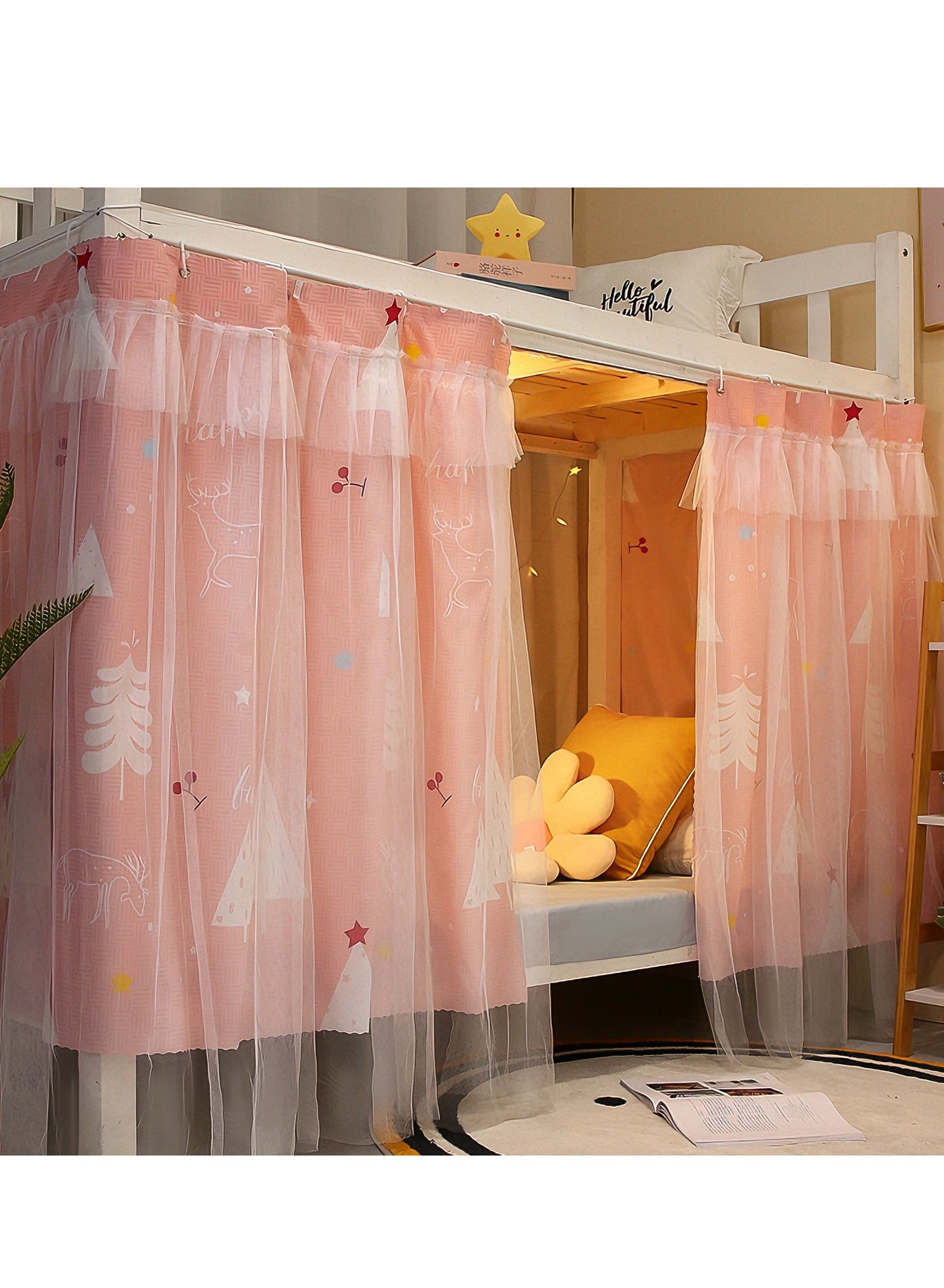 Bluejw Bed Canopy Tents Curtain Blackout Single Bed Tent Student Shading Cloth Canopy Dormitory Mosquito Net Sleep Privacy Protection with Frame for Children Bedroom With Cherry Pattern