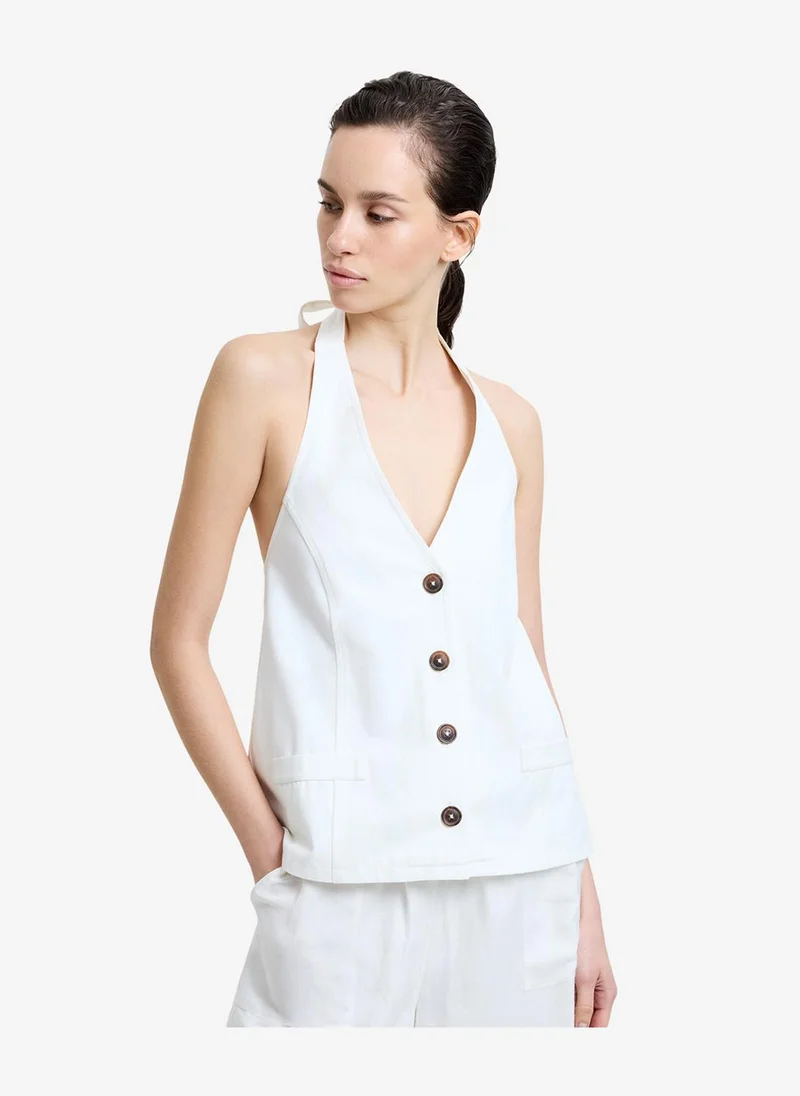 فرنش كونكشن Women's Keller Cotton Twill Button-Down White Halterneck Top