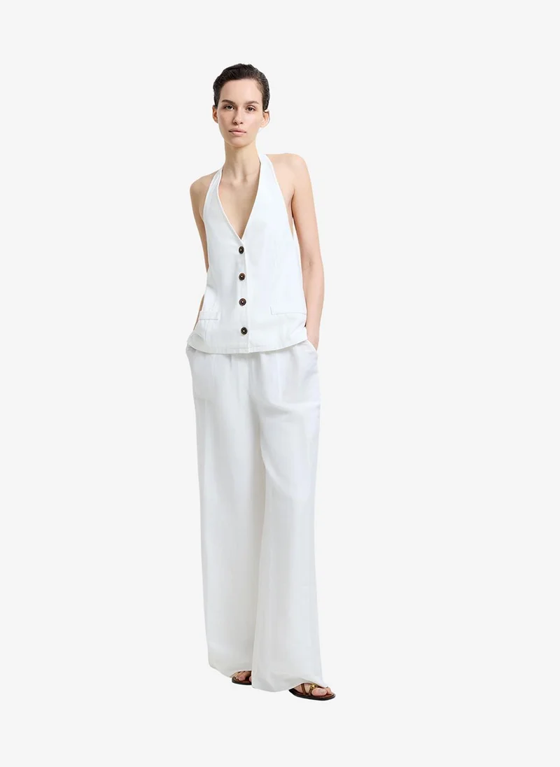 فرنش كونكشن Women's Keller Cotton Twill Button-Down White Halterneck Top