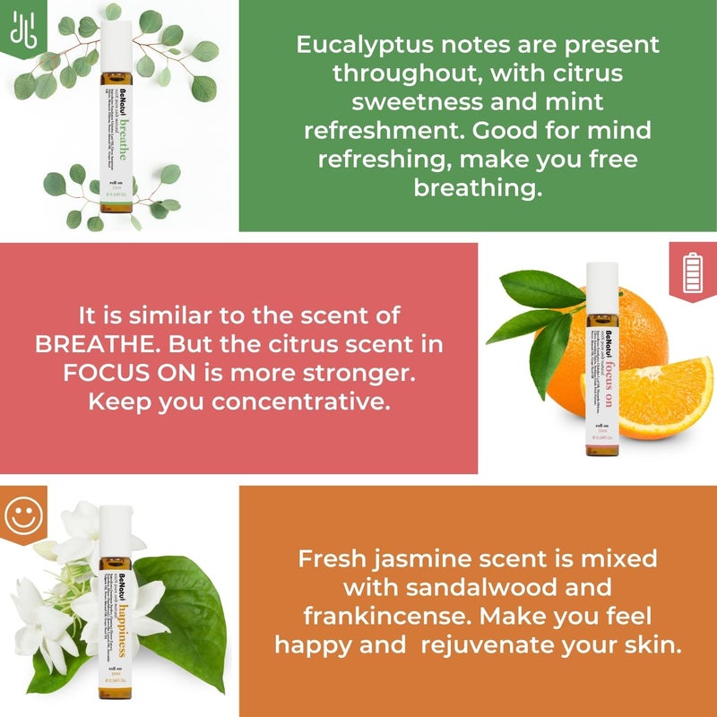 Benatu Essential Oil Blends Set (Breathe, Focus on, Happiness), Natural Aromatherapy Roll On for Massage, Body Skin Care, Home - Natural Fragrance Gift Roller for Women and Men - Image 4