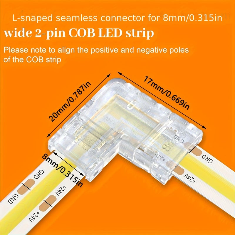 موصلات شريط LED من نوع COB بدون لحام، 15 قطعة، 2 دبوس، 8 مم، على شكل حرف L، موصلات زاوية بدون فجوات ومحولات تمديد لمشاريع الإضاءة - Image 1