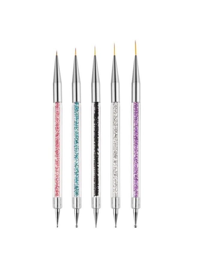 فرش تزيين الأظافر، مجموعة من 5 فرش أظافر أكريليك مزدوجة الأطراف مع فرش تحديد الأظافر 5/7/10/12/15 مم وأقلام تحديد النقاط للأظافر الفرنسية - Image 1