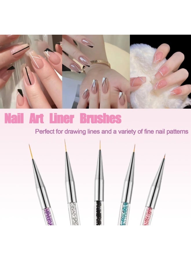 فرش تزيين الأظافر، مجموعة من 5 فرش أظافر أكريليك مزدوجة الأطراف مع فرش تحديد الأظافر 5/7/10/12/15 مم وأقلام تحديد النقاط للأظافر الفرنسية - Image 2