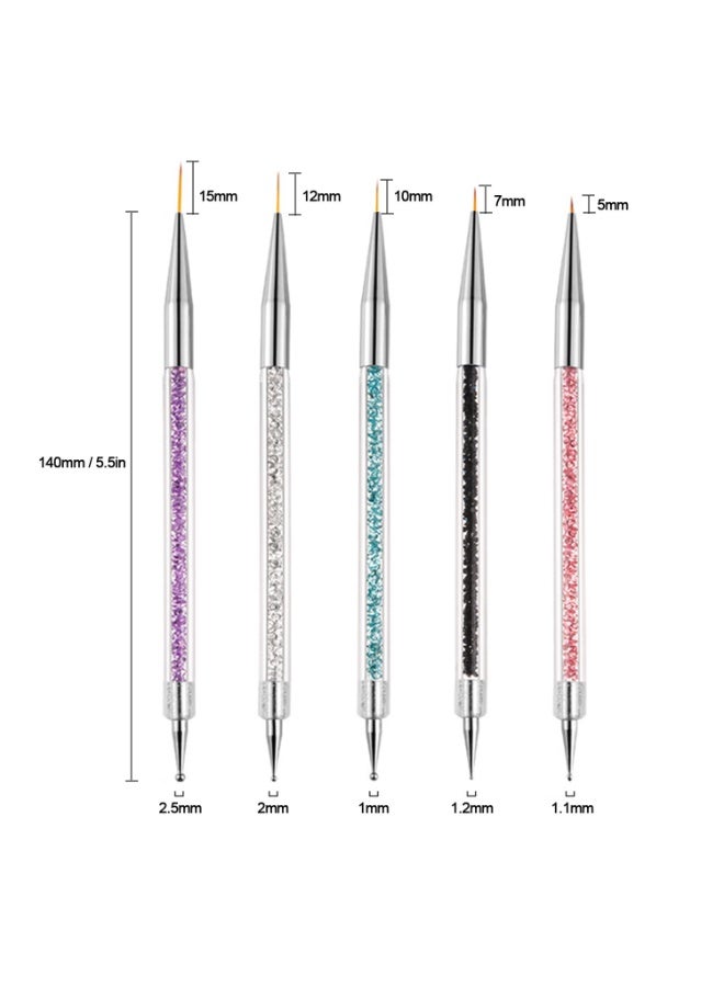فرش تزيين الأظافر، مجموعة من 5 فرش أظافر أكريليك مزدوجة الأطراف مع فرش تحديد الأظافر 5/7/10/12/15 مم وأقلام تحديد النقاط للأظافر الفرنسية - Image 4
